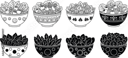 Set of decorative plant bowls with succulents and houseplants, black and white floral containers, modern botanical illustration collection isolated vector