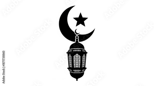 Black silhouette of a traditional lantern with crescent moon and star on a white background for ramadan or islamic celebrations with faith and culture
