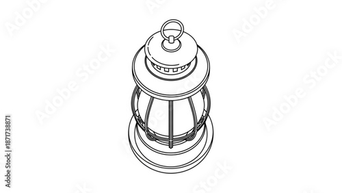 Detailed line drawing of a traditional metal lantern with a handle on top and a protective cage around the glass with traditional lantern and lighting fixture