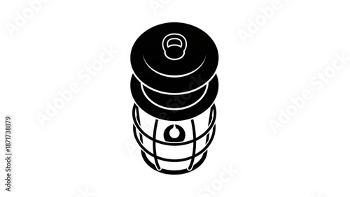 A black and white illustration of a beer keg with a pull tab on top and a cage around the bottom half with alcohol and drink and beverage and pub