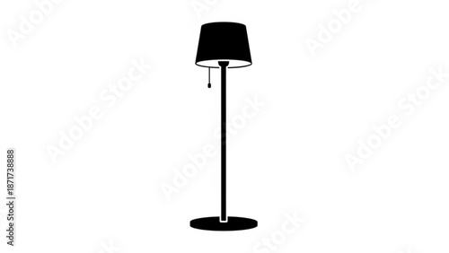 A sleek modern floor lamp with a black shade and slim metal stand on a white background for interior design and home decor inspiration with black lamp shade