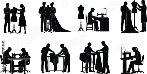 Fashion designer and tailor silhouettes set, clothing fitting scenes with clients, dressmaking studio workflow, sewing machine work and garment consultation isolated vector