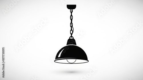 A black pendant light fixture hangs from a chain against a white background with subtle gradient shading and a small shadow underneath the lamp