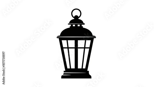 A black silhouette of a hanging lantern with a handle on top and a glass enclosure on a white background with icon and graphic and illustration