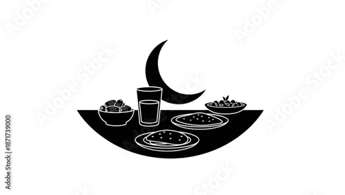 Black and white illustration of a table set for iftar during ramadan with a crescent moon glass of water dates and flatbreads on a decorative plate