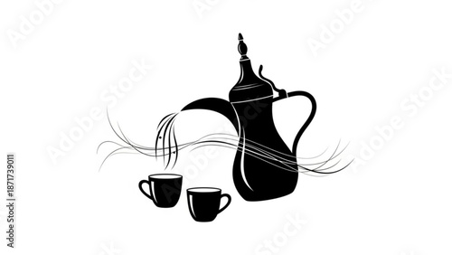 Black silhouette of traditional arabic coffee pot and cups with steam rising with coffee cups and beverage and hot and morning and breakfast