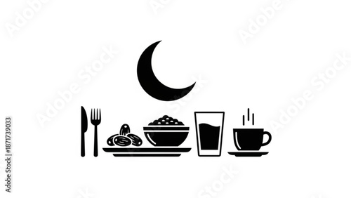 Black and white illustration of a crescent moon above a plate of food with utensils glass and cup on a table setting for iftar during ramadan