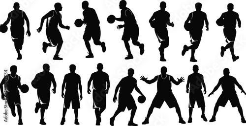 Basketball players silhouettes in action poses, black vector collection for sports training, athletic movement, game strategy and dynamic fitness illustration designs