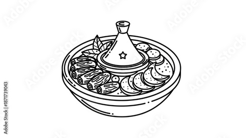 A black and white line drawing of a traditional moroccan tagine dish filled with meat vegetables and spices topped with a conical lid on a plain background