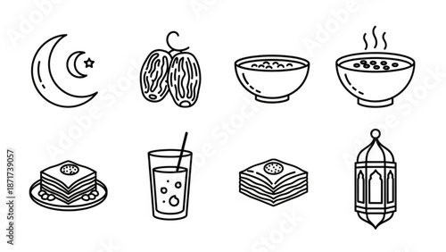 Black and white line art illustration of various ramadan symbols and foods including dates bowls of soup cakes a glass of juice and a lantern with a crescent moon and star