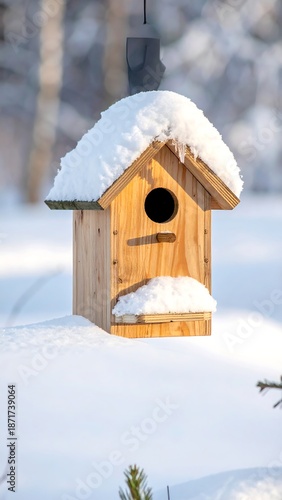 Wooden birdhouse in a snowy winter scene, outdoors, daytime