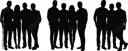 Group of standing people silhouettes in different poses, black vector illustration for business team, social community and crowd concept designs