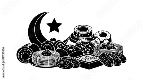 Black and white illustration of assorted sweet pastries and desserts with a crescent moon and star on a white background for ramadan or eid celebrations