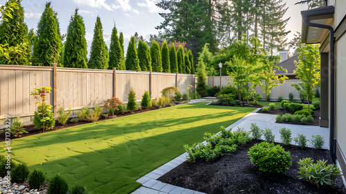 Beautifully Landscaped Backyard Garden With Lush Green Lawn And Trimmed Bushes