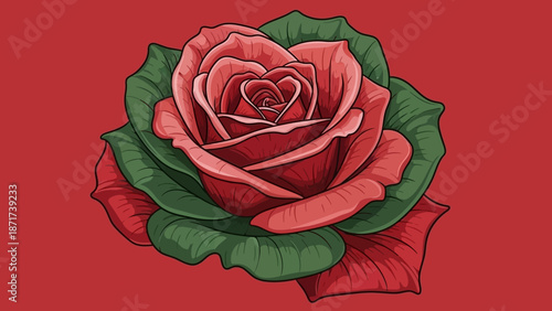 Vibrant Red Rose in Full Bloom with Lush Green Leaves on a solid red background.