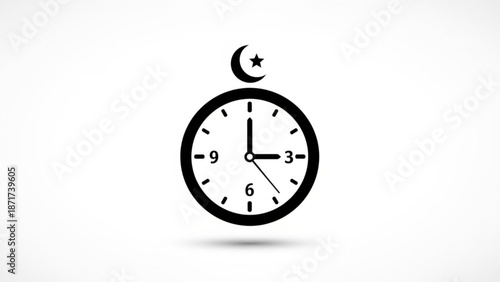Black clock with crescent moon and star on white background for ramadan or islamic themed designs and concepts with time and Muslim and faith