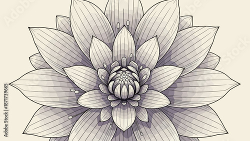Highly detailed monochrome line art illustration of a dahlia flower with intricate petals, on a light cream background.