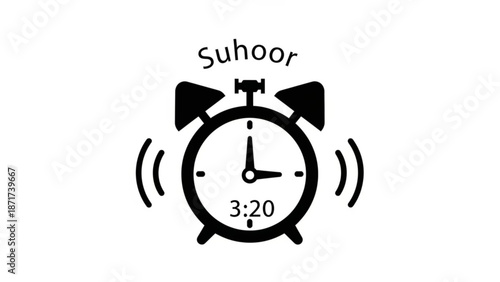 Black suhoor alarm clock icon with sound waves on white background showing 3 20 am with ramadan and muslim and faith and islam and wake up and graphic