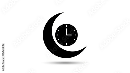 Black crescent moon shape with analog clock face on white background for time and astronomy concepts with space and icon and graphic and illustration