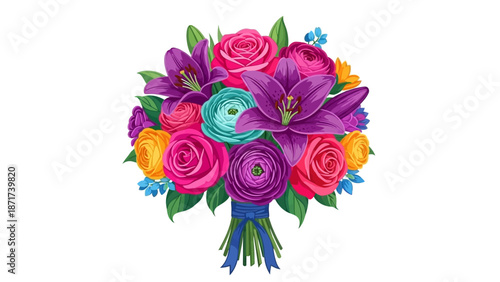 Bold and vibrant wedding bouquet with purple lilies, fuchsia roses, turquoise flowers, and yellow blooms tied with a blue ribbon, isolated on a white background.