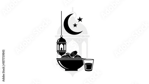 Black and white illustration of a bowl of dates with a lantern crescent moon stars and a mosque in the background for ramadan or islamic celebrations
