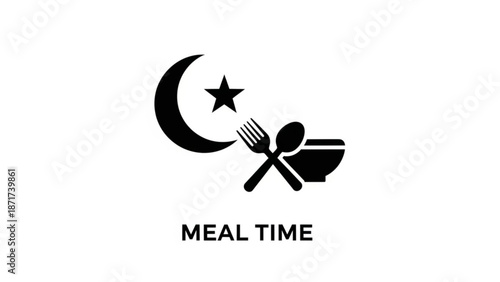 Black silhouette graphic illustration of crescent moon star with crossed fork spoon and bowl for meal time with fork and spoon and food and utensils