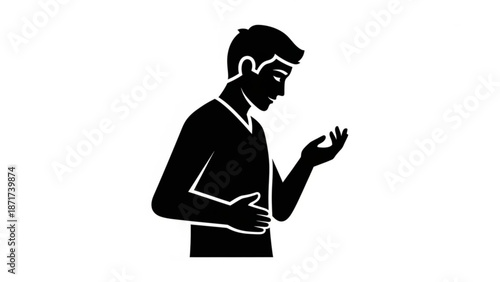 A man in a black silhouette standing with one hand on his stomach and the other raised looking down at something in a concerned or contemplative mood on a white background