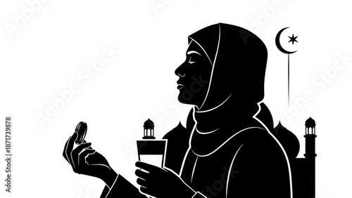 Silhouette of a woman in a hijab praying with a cup in front of a mosque at night with a crescent moon and star with islam and faith and spirituality
