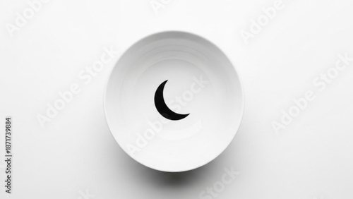 A white ceramic bowl with a black crescent shape inside on a plain white background with subtle shadows with minimalist and design and graphic