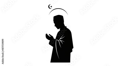 Silhouette of a man in prayer with crescent moon and star symbolizing ramadan or islamic faith on a white background with spirituality and worship