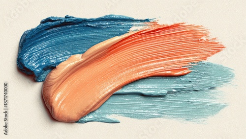 Swirls of peachy-coral and teal-blue creamy pigments on a textured off-white background, creating an abstract, blended, smeared effect
