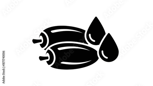 A black and white illustration of two eggplants with a water droplet on a clean white background for food and vegetable design with healthy eating