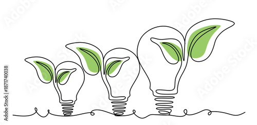 A minimalist line drawing of a light bulb with green leaves growing inside, symbolizing eco-friendly ideas and sustainable innovation.