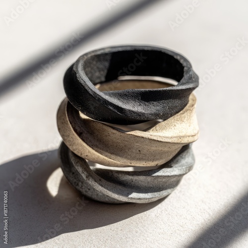 Three ceramic bracelets, subtly twisted, stacked; dark grey, off-white, and light grey.  Matte finish, earthy tones, minimalist aesthetic, captured in soft light