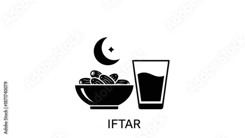 A black and white illustration depicting a bowl of dates and a glass of juice with a crescent moon symbolizing iftar meal during ramadan with halal