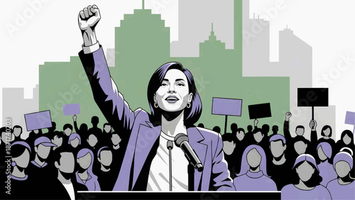 Flat vector illustration of a female activist speaking at a rally with her fist raised in an urban environment