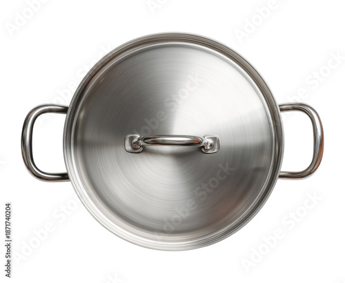 Stainless steel cooking pot with lid and handles, isolated on transparent background