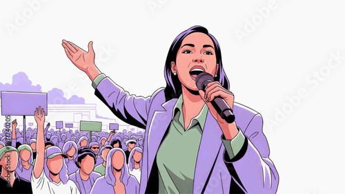 Flat vector illustration of a woman passionately speaking with a microphone at a protest rally