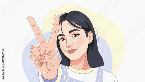 Flat vector illustration of a young woman with a smile showing a peace sign on a colorful background