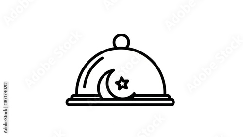 A black line drawing of a covered serving dish with a crescent moon and star on the lid symbolizing a ramadan or islamic themed food presentation