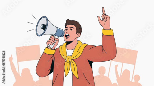 Flat vector illustration of a young man shouting into a megaphone against the background of a protest rally