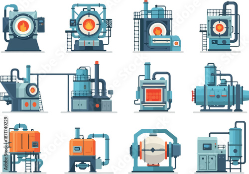Industrial Furnaces Vector Icons Set Manufacturing Equipment for Heavy Industry
