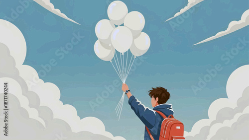 Flat vector illustration of a boy with white balloons against a blue sky with clouds