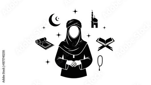 Black and white illustration of a muslim woman in hijab with mosque prayer mat crescent moon and stars with Islamic and religion and faith and spirituality