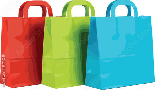 Colorful shopping bags in red, green, and blue illustrated in clean modern vector style for retail and packaging themes