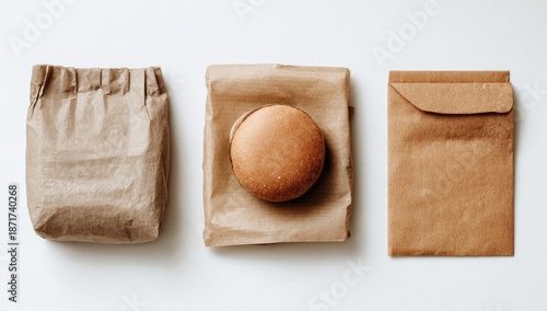 Three kraft paper food packages; a crumpled bag, a bun wrapped in paper, and a flat envelope-style bag, arranged on a white background