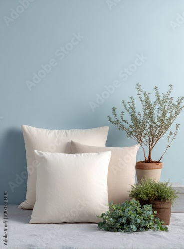 Three off-white rectangular pillows of varying sizes rest on a light grey surface against a pale blue wall, flanked by potted greenery