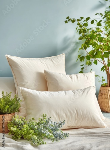 Three off-white, natural fiber pillows of varying sizes rest on a bed, flanked by potted greenery against a muted blue wall.  Soft, natural light illuminates the scene