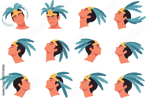 Expression of Relaxation Serene Man with Feather Headdress Yoga Poses Vector Collection