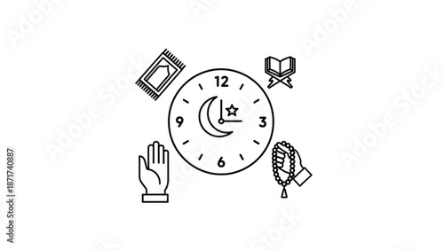Ramadan kareem islamic symbols and clock illustration with crescent moon star prayer beads book and hand with religion and faith and line drawing